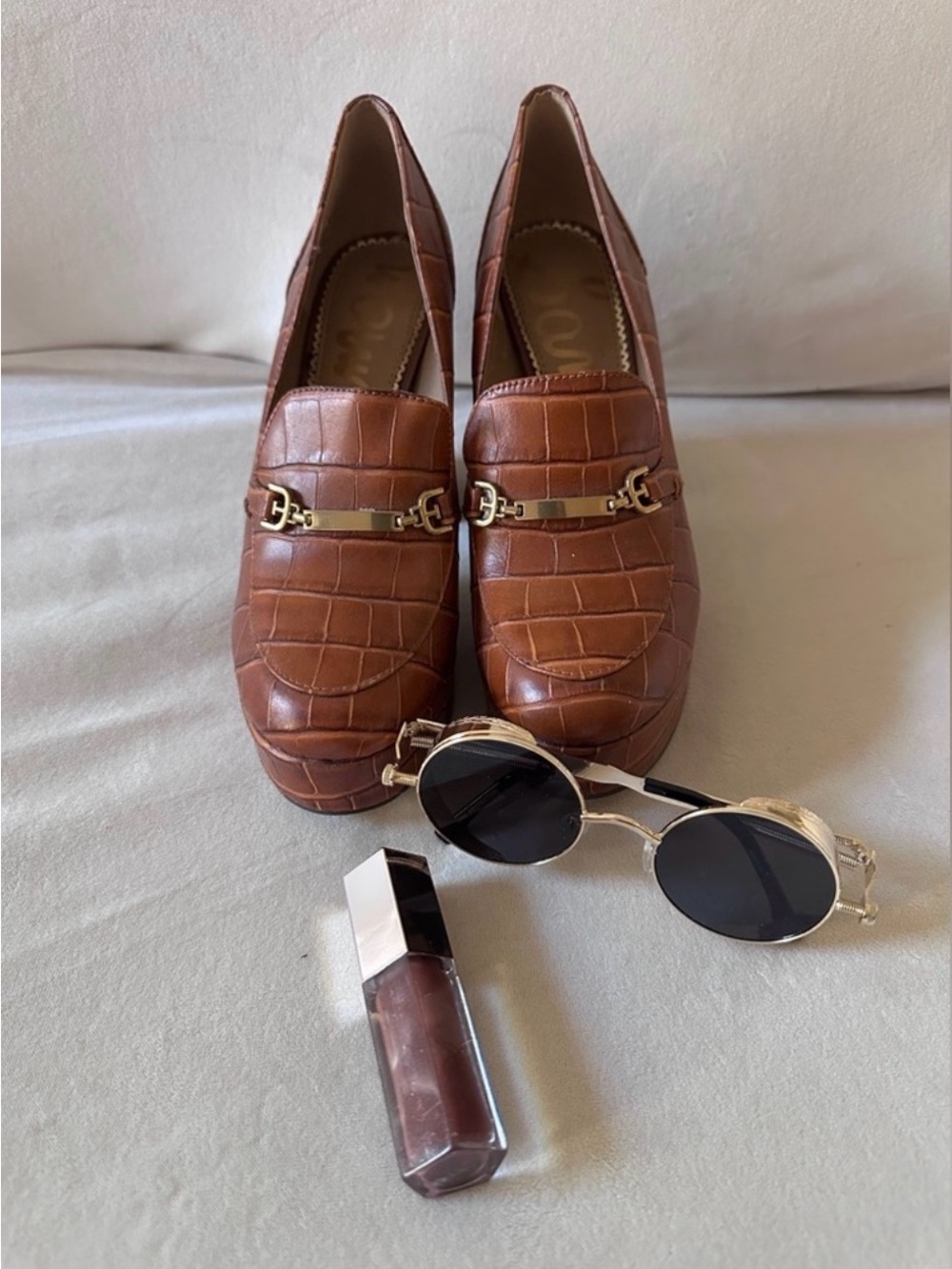Sam Edelman Women's Brown Croc-Embossed Loafers with Gold Bit Detail